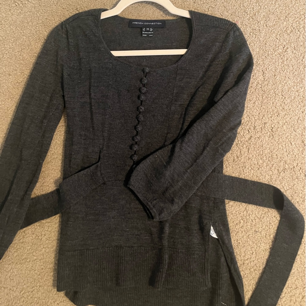 French Connection Grey Wool Sweater, Button and Tir Detailing